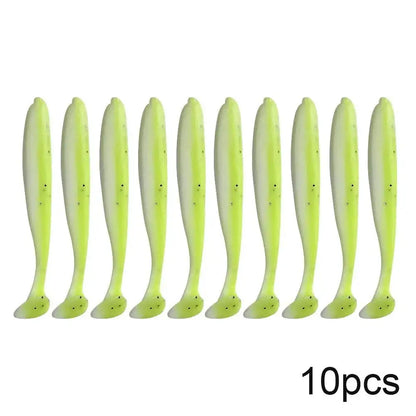 Ten chartreuse paddle tail fishing lures.