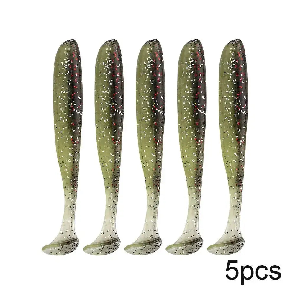 Five soft plastic fishing lures.