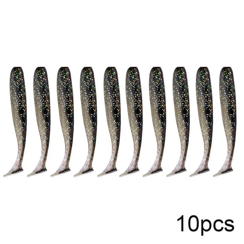 Ten soft plastic fishing lures.