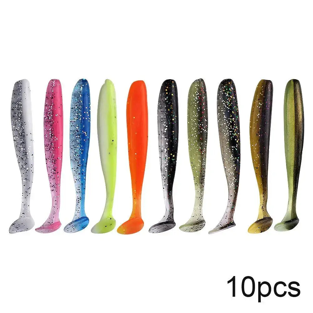 Ten colorful fishing lures.