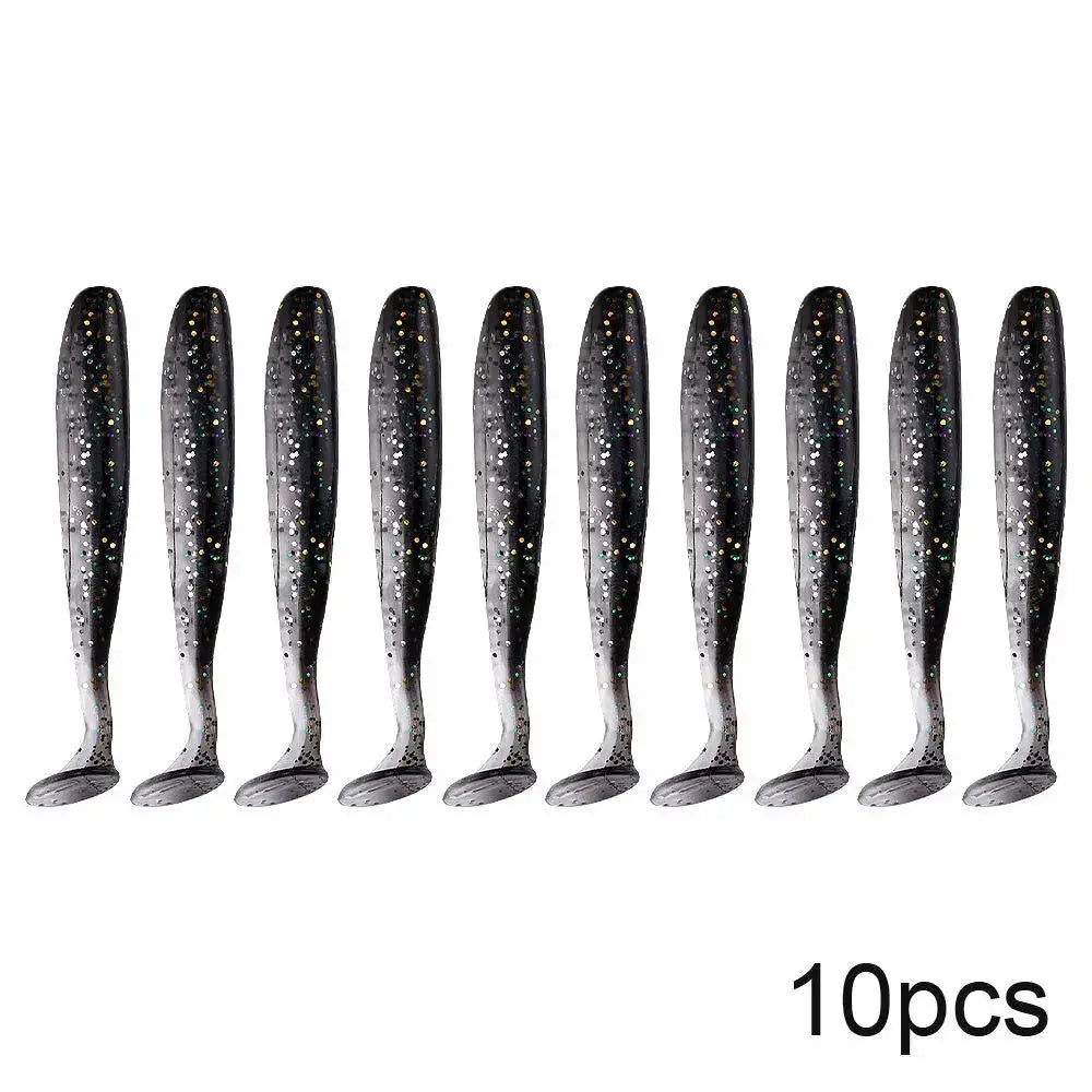 Ten black and silver fishing lures.