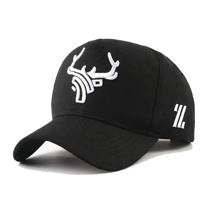 Black baseball cap with white embroidered deer antlers. A sleek and modern design for outdoor sports and casual wear.