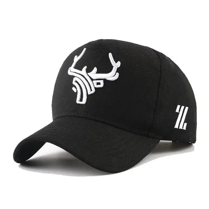 Black baseball cap with white deer logo.