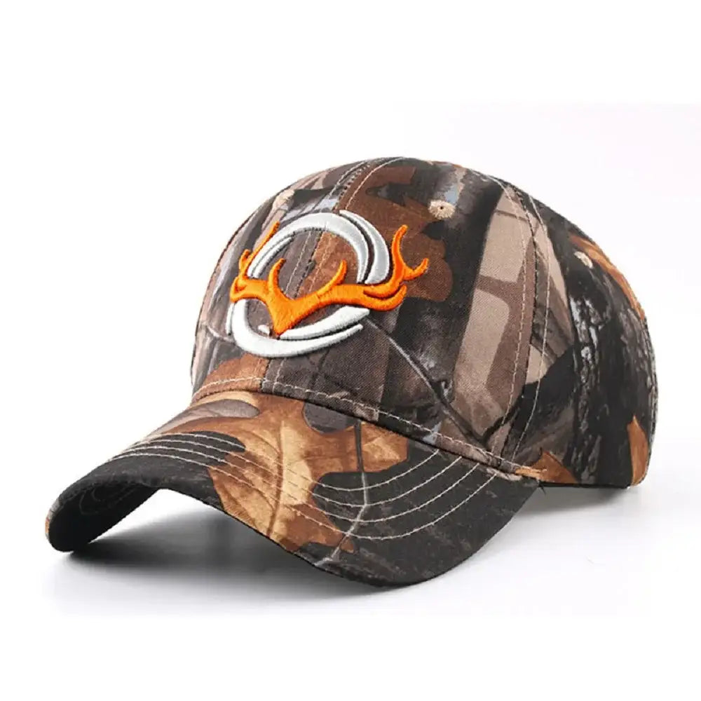 Camouflage baseball cap with antler logo.