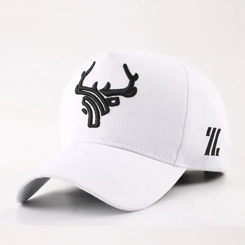 White baseball cap with black embroidered deer antlers. A stylish and breathable option for outdoor enthusiasts and sports lovers.