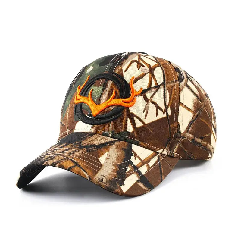 Camouflage baseball cap with antler logo.