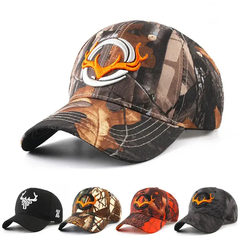 Camouflage baseball caps with deer antler logo.