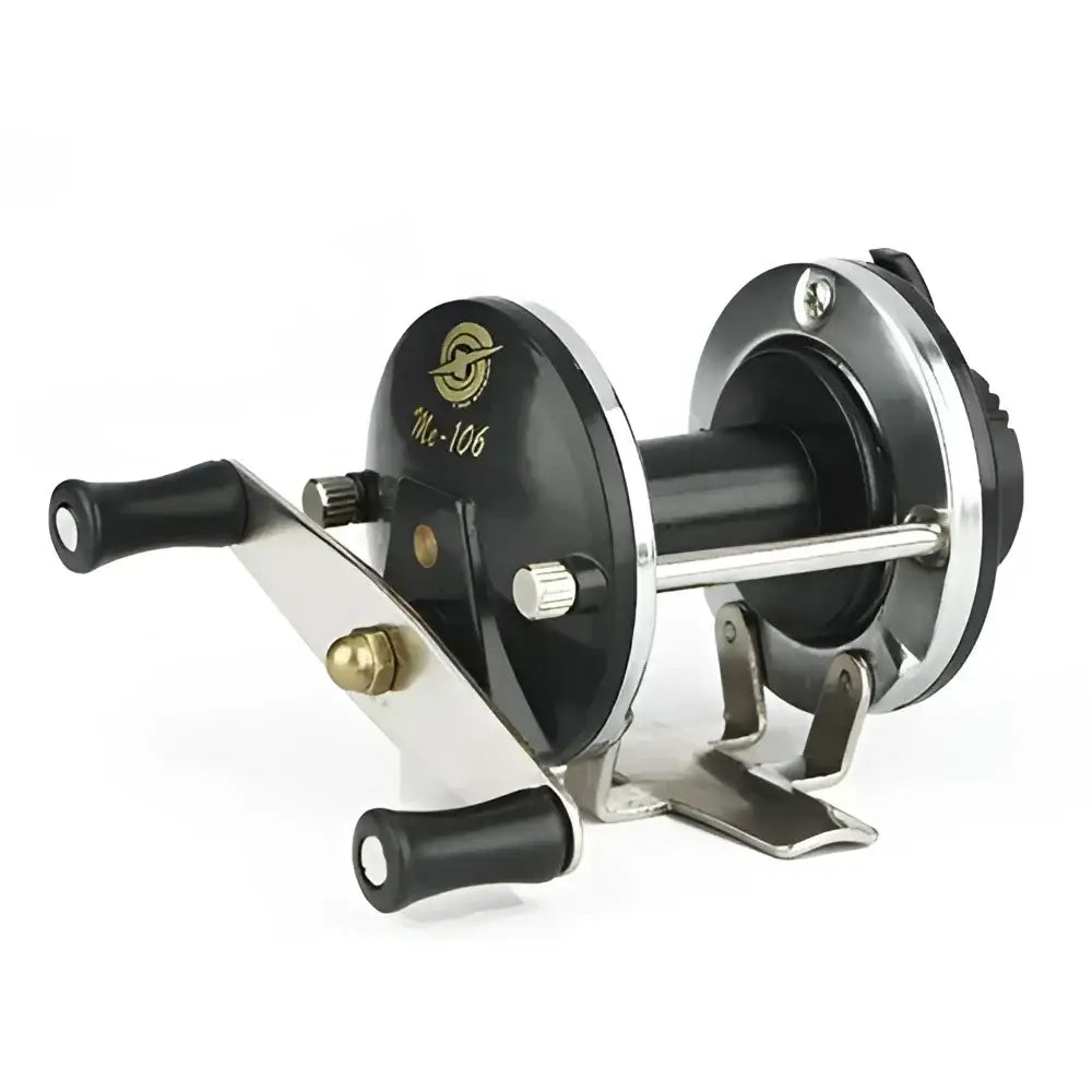 Black and silver fishing reel.