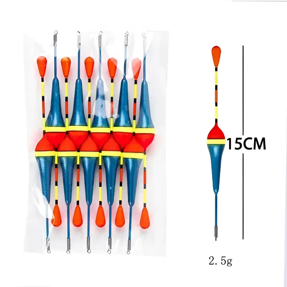 Fishing floats with orange, yellow, and blue coloring.