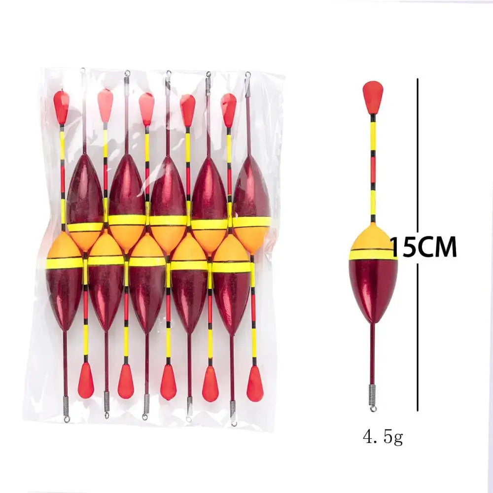 Fishing bobbers with red and yellow accents.