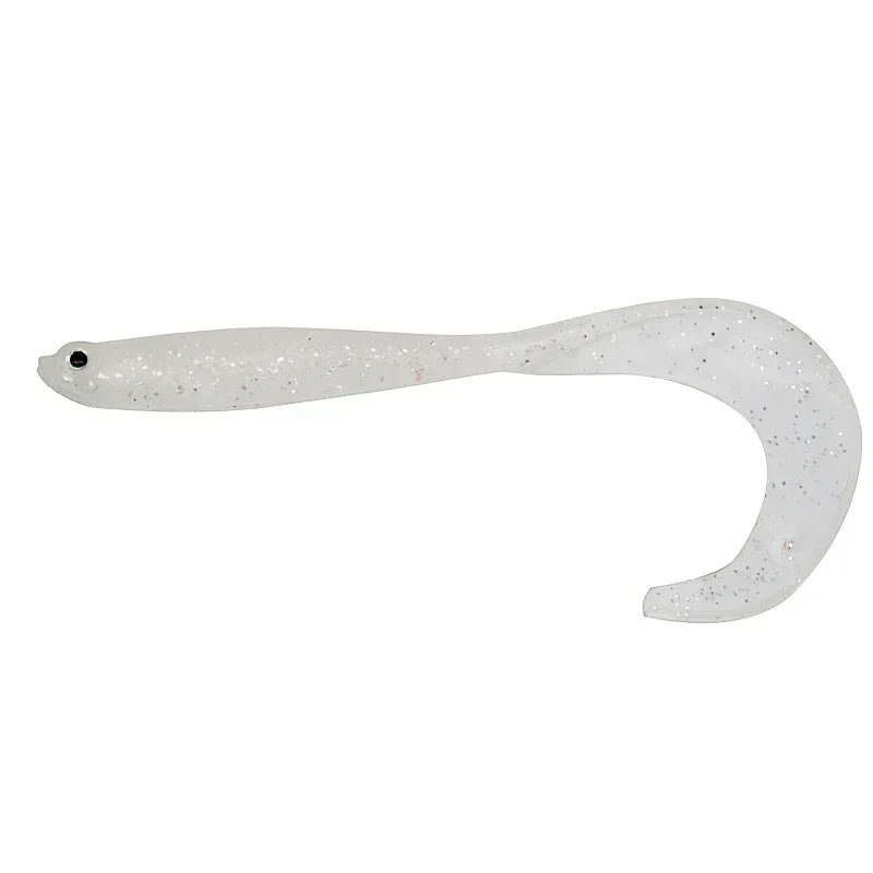 Transparent T-tail fishing lure with sparkles for freshwater and saltwater fishing