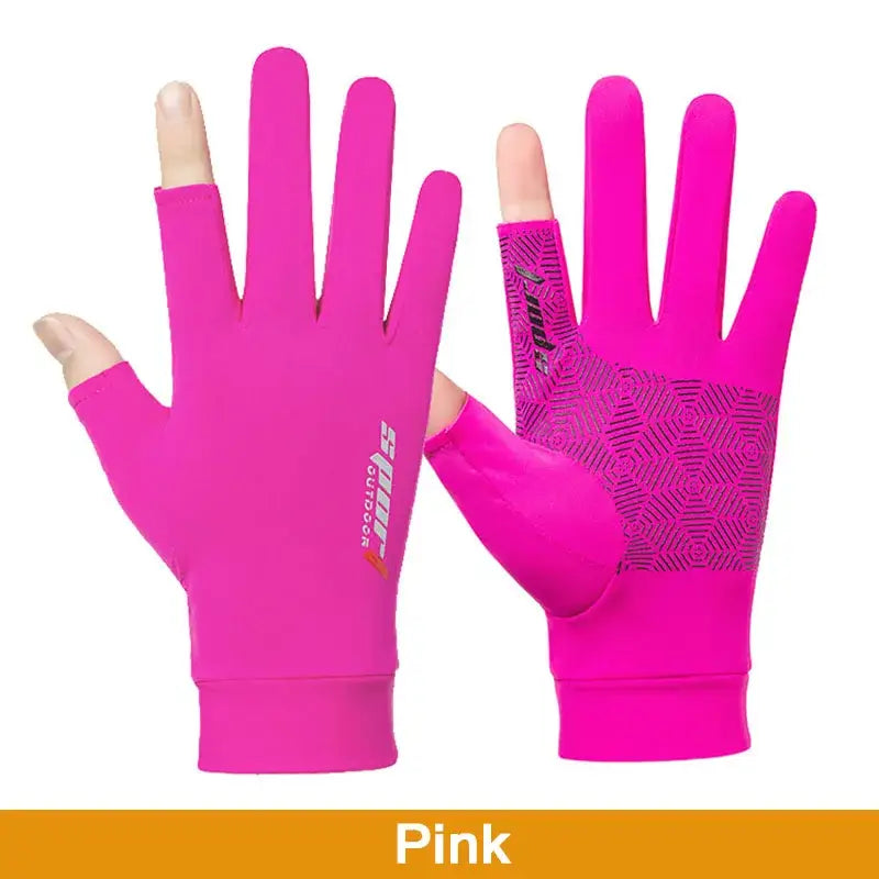 Pink fingerless gloves.