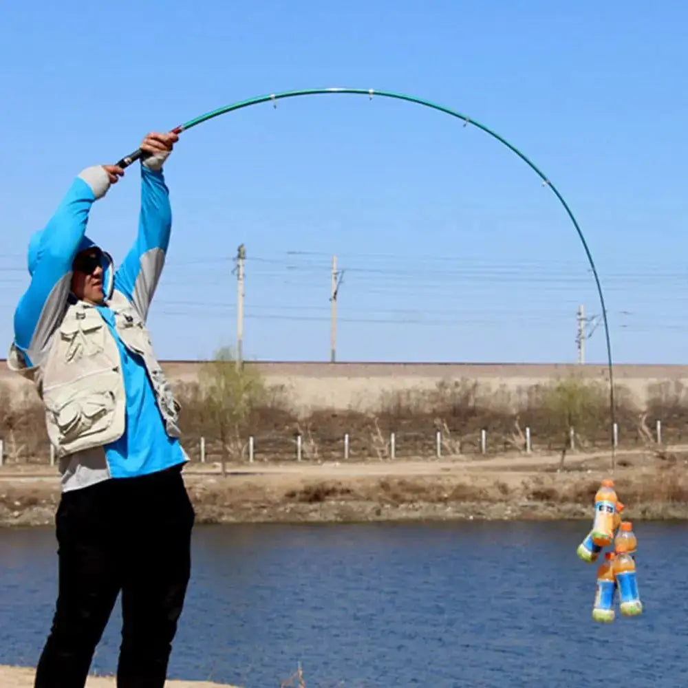 Bent fishing rod with attached plastic bottles.