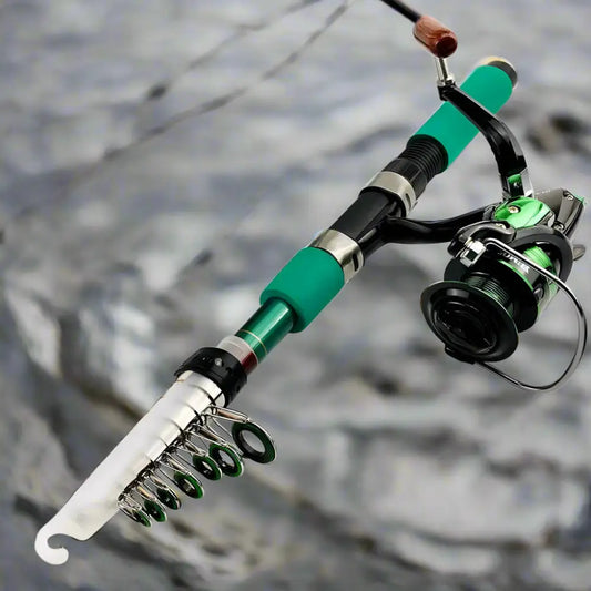 Green and black fishing rod with reel.