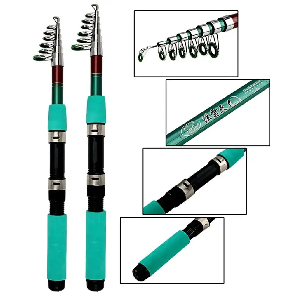 Telescopic fishing rod with turquoise handle.