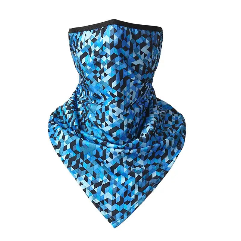 Blue geometric patterned neck gaiter.