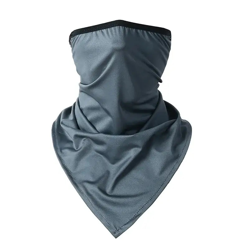 Gray neck gaiter with black trim.