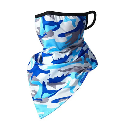 Blue camouflage face and neck covering.