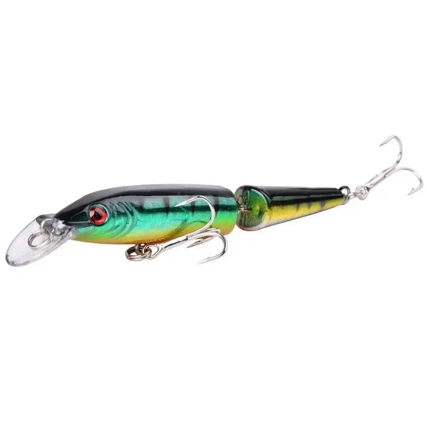 Jointed fishing lure with treble hooks.