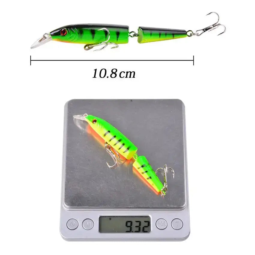 Jointed fishing lure with hooks.