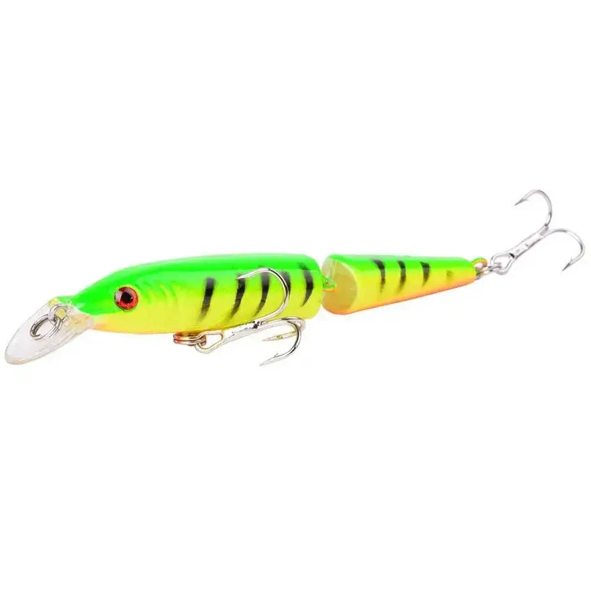 Jointed fishing lure with hooks.