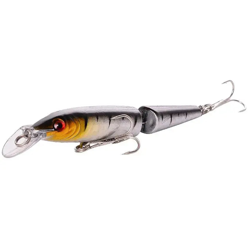 Jointed fishing lure with treble hooks.