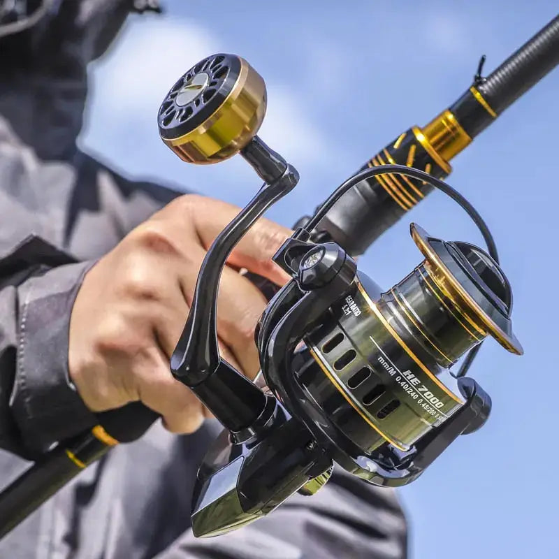 Black and gold fishing reel.