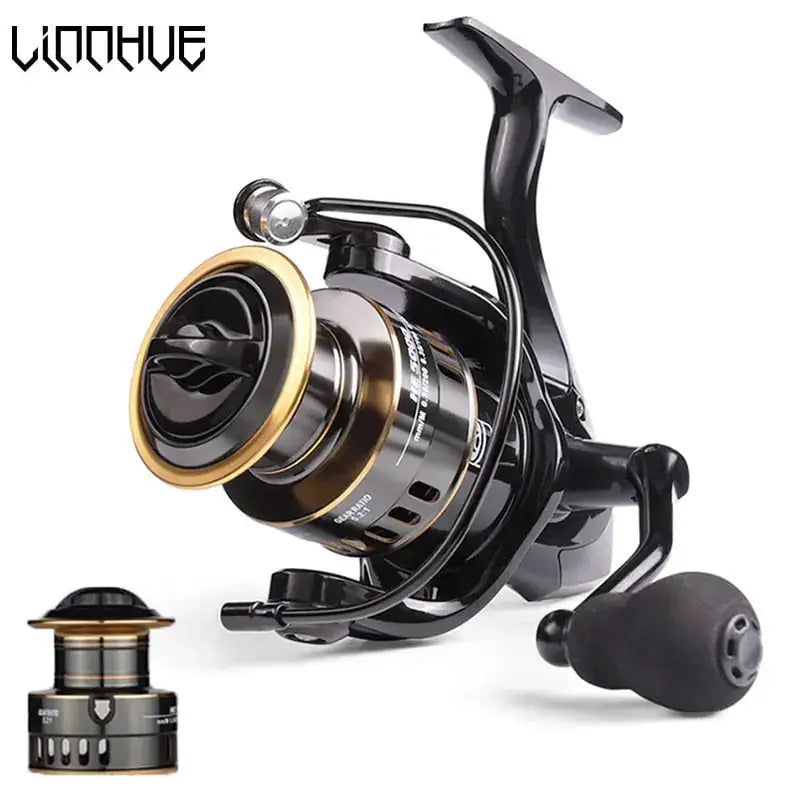 Black and gold fishing reel.