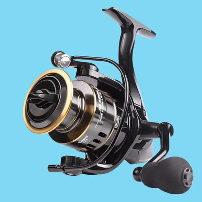 Black and gold fishing reel.