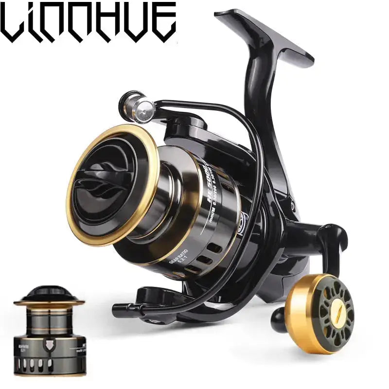 Black and gold fishing reel.