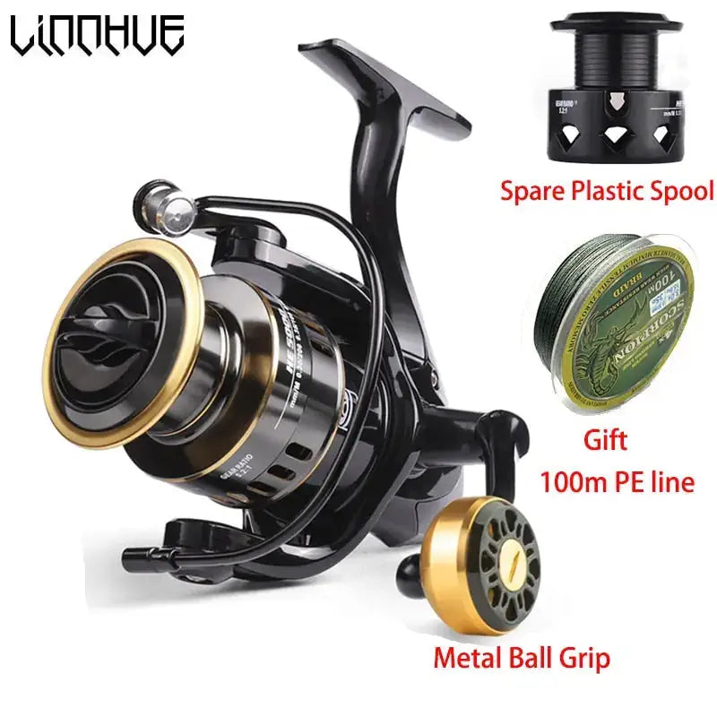 Black and gold fishing reel with accessories.