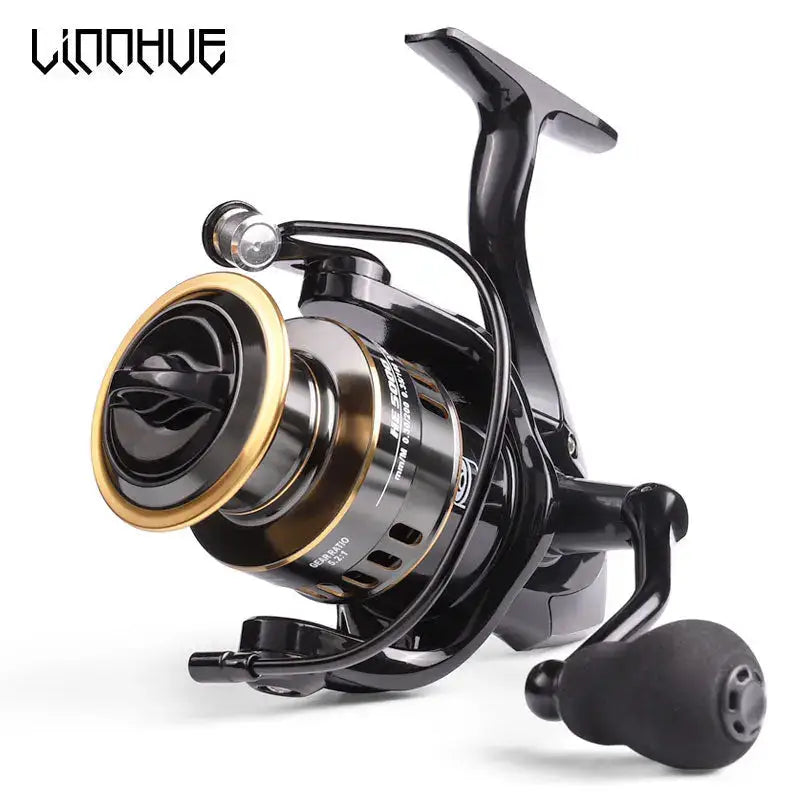 Black fishing reel with gold accents.