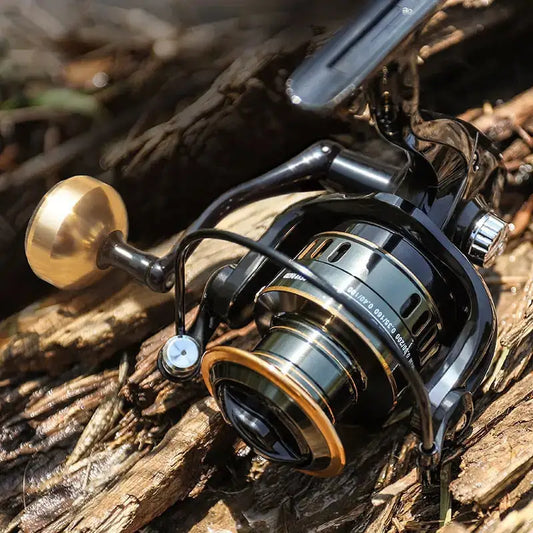 Black and gold fishing reel.