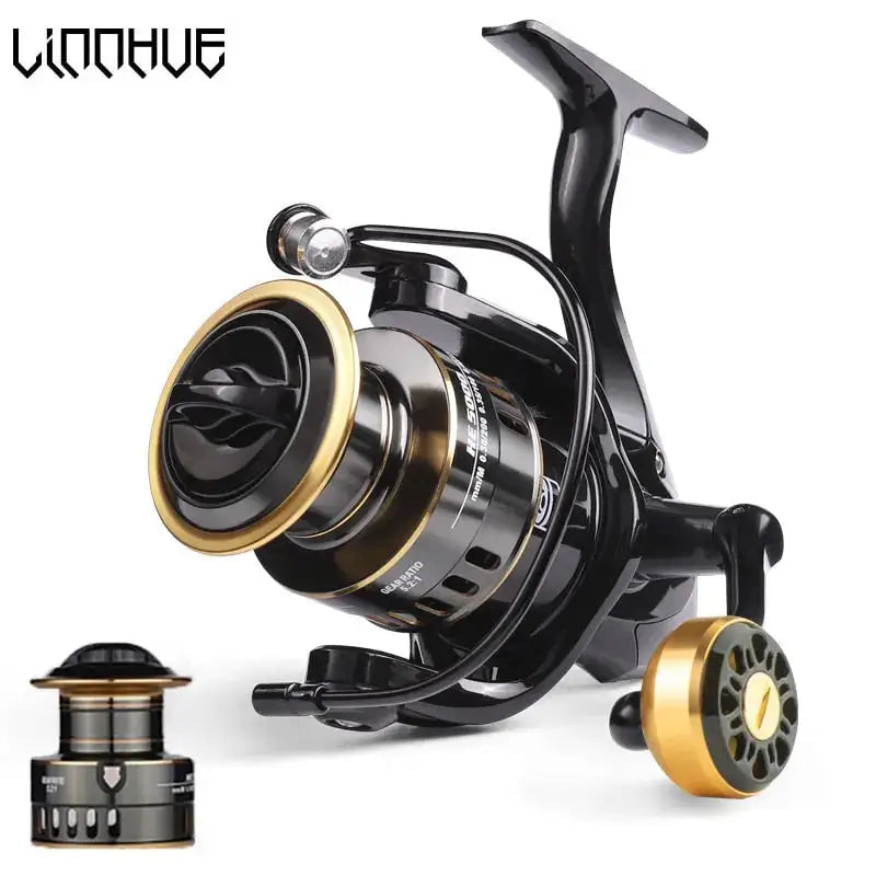 Black and gold fishing reel.