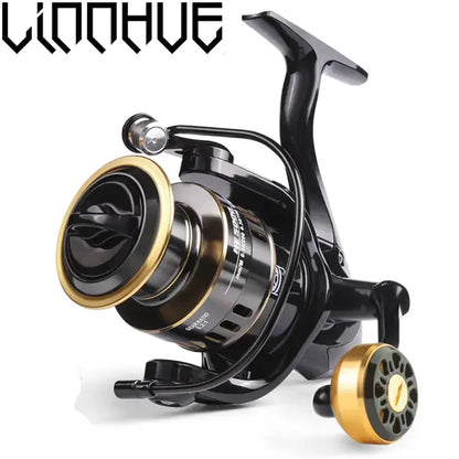 Black and gold fishing reel.