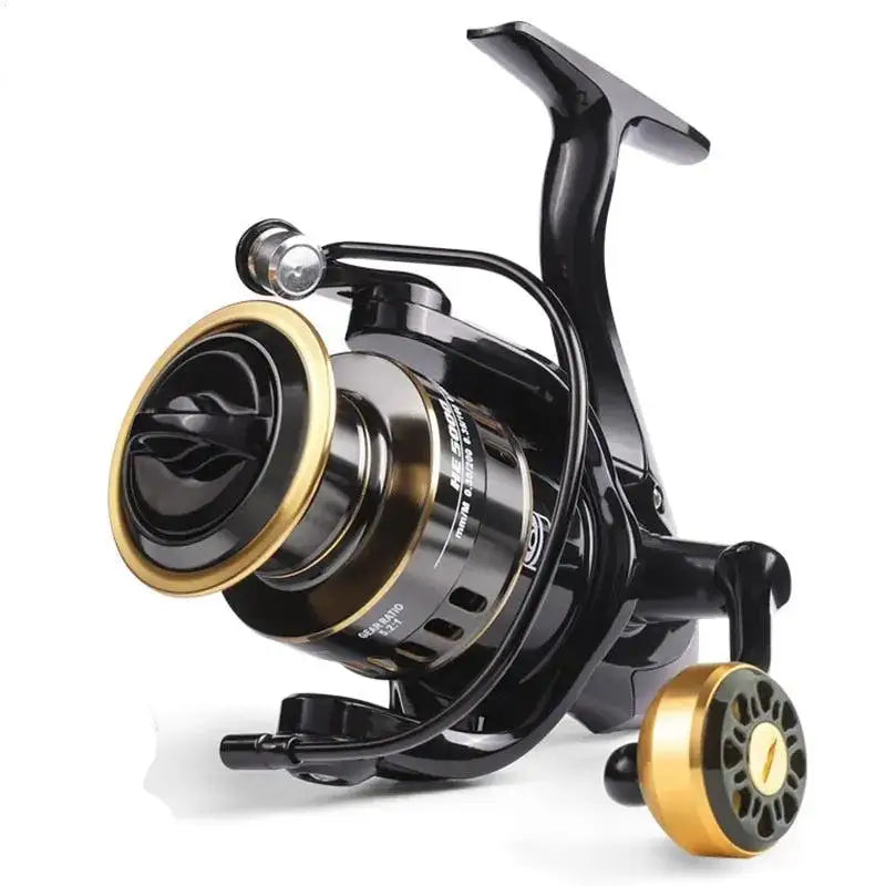 Black and gold fishing reel.