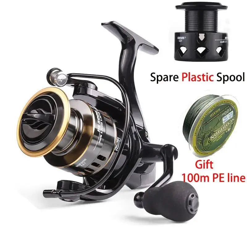 Black fishing reel with spare spool and line.