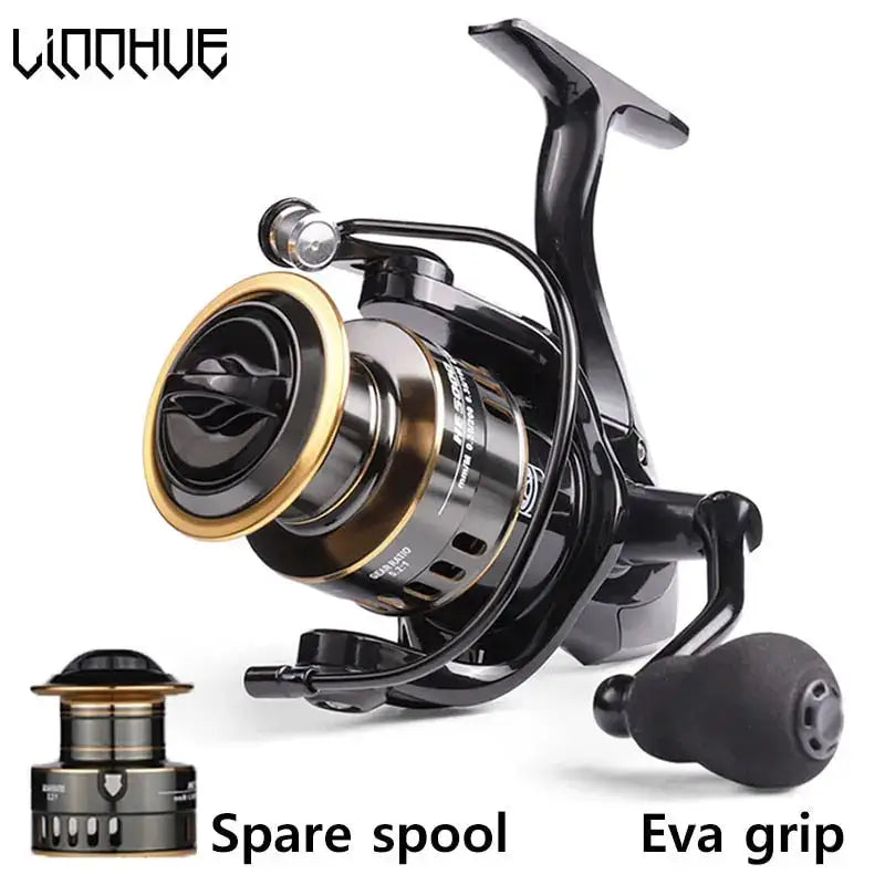 Black fishing reel with spare spool and EVA grip.