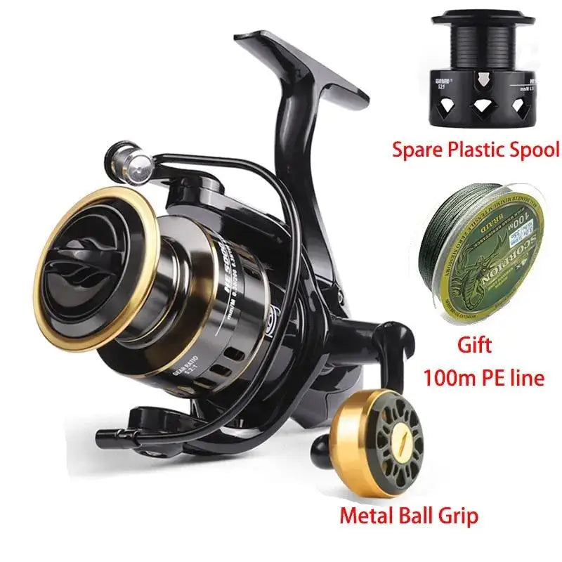 Black fishing reel with spare spool and line.