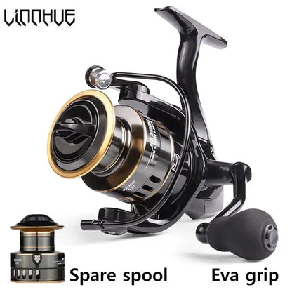 Black fishing reel with spare spool and eva grip.