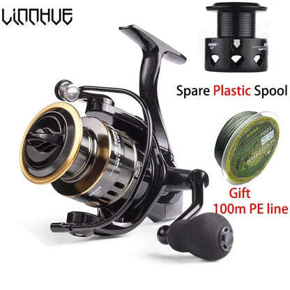 Black fishing reel with spare spool and line.