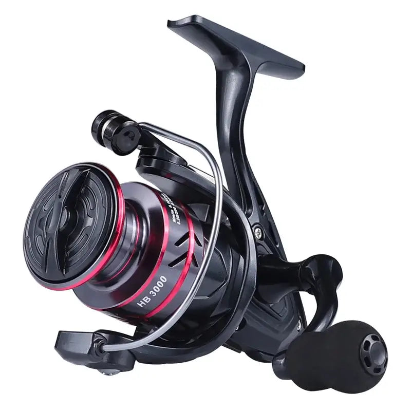 Black fishing reel with red accents.