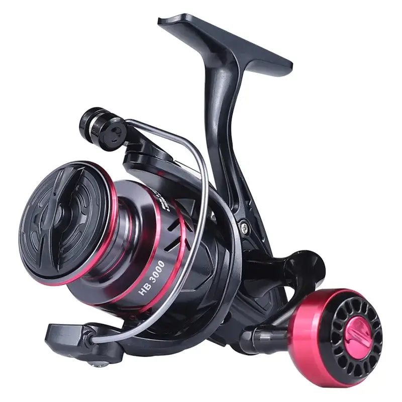 Black and red fishing reel.