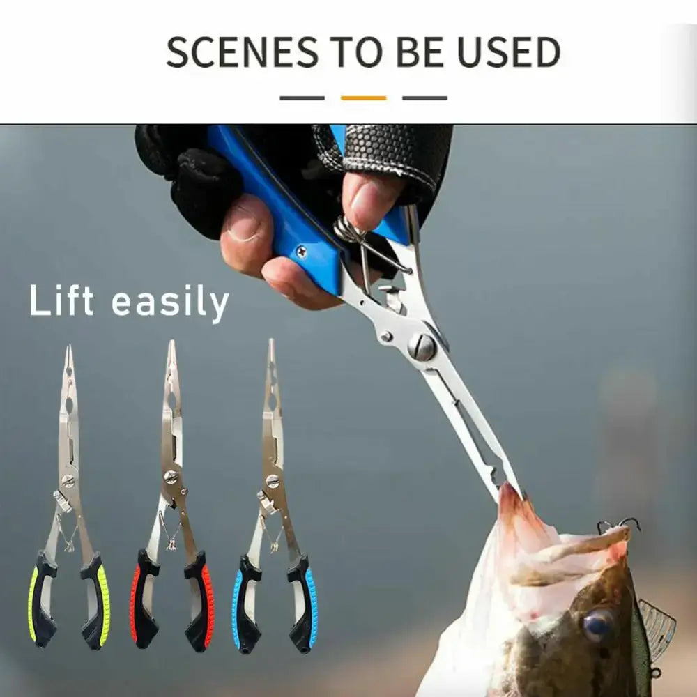 Fishing pliers removing hook from fish.