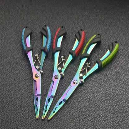 Rainbow-colored fishing pliers with colored handles.