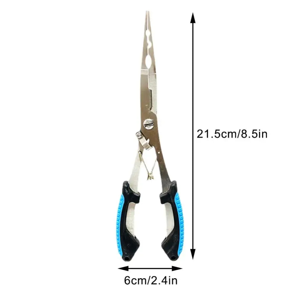 Silver fishing pliers with blue and black handles.