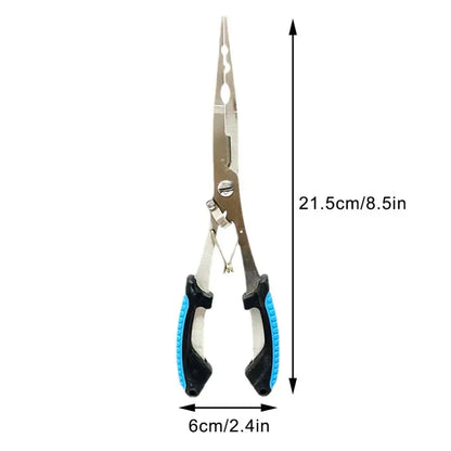 Silver fishing pliers with blue and black handles.