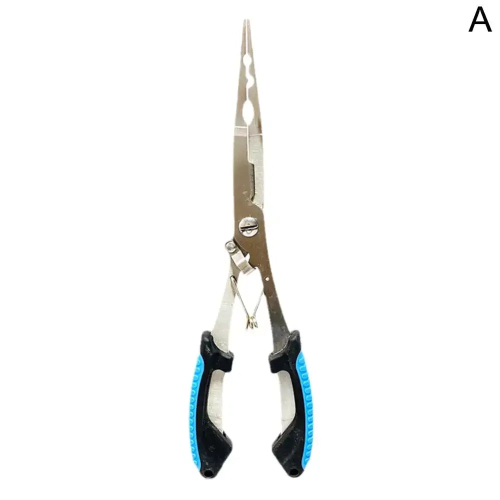 Fishing pliers with blue and black handles.