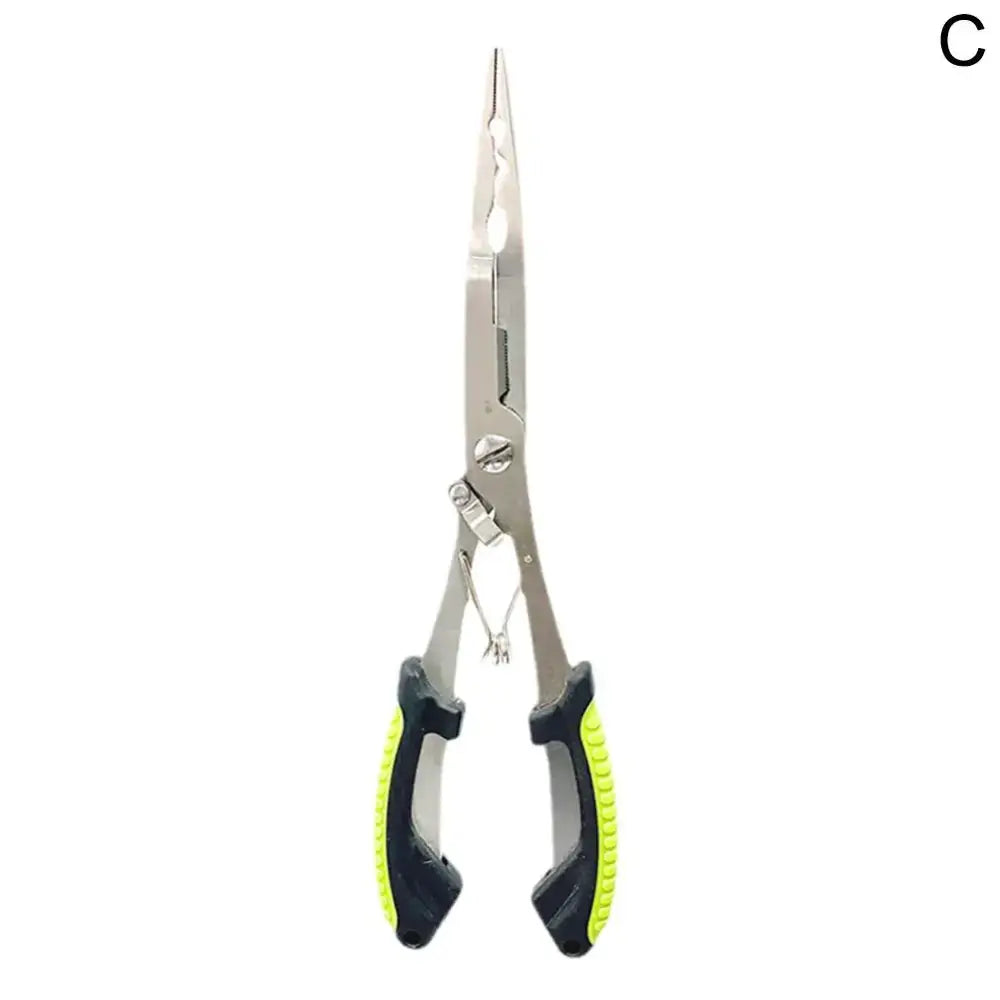 Silver fishing pliers with black and yellow handles.