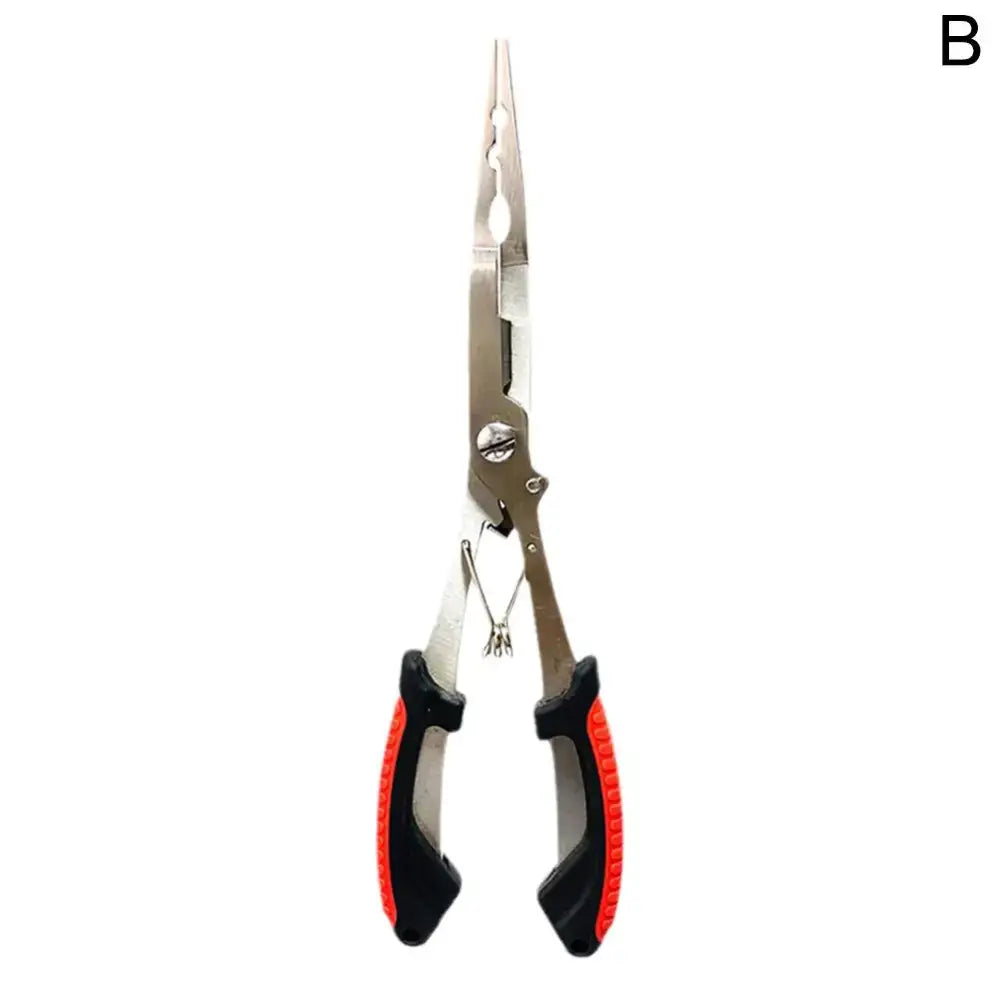 Silver fishing pliers with red and black handles.